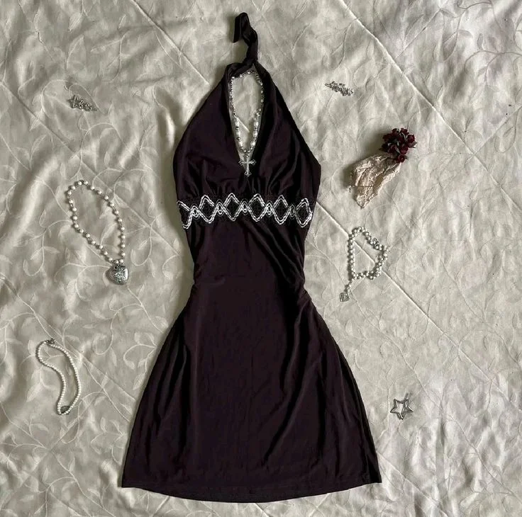 Vintage Halter Appliques Evening Dress Brown Short Party Dress, DP3620 Turtleneck Neckline Stylish