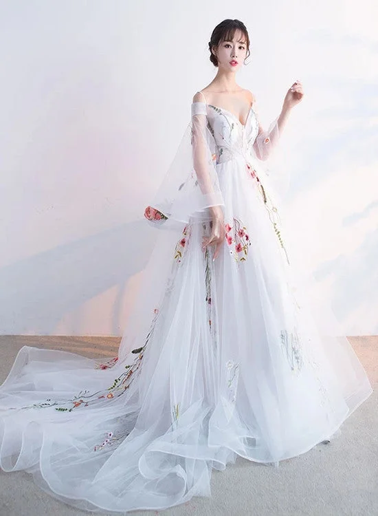 Beautiful White Tulle Long Party Dress with Flower Lace Applique, White Evening Gown Tunics Review highly
