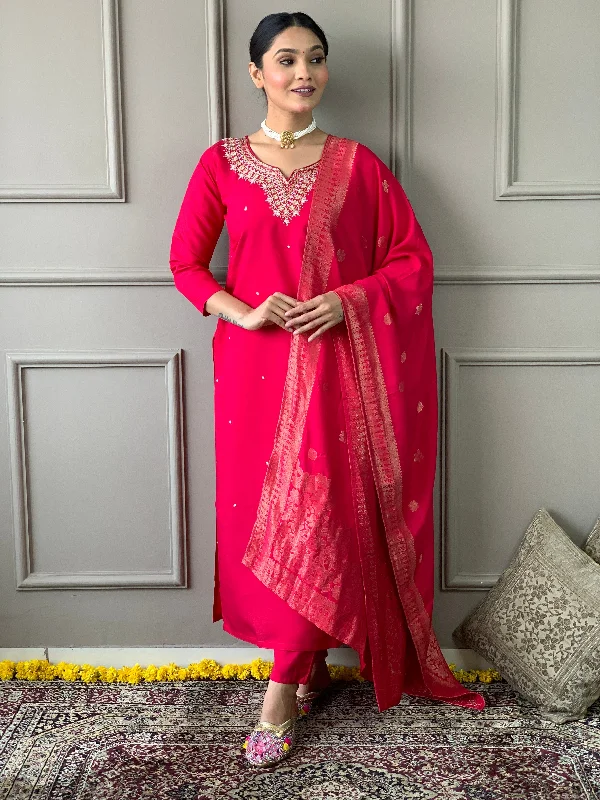 Women V Neck Embroidered Work, Chanderi Fabric Kurta & Pant With Dupatta Set - Taantav Modern Bootcut Pants
