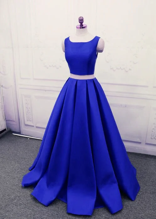 Royal Blue Satin Two Piece Stylish Formal Dresses, Cute Party Dresses, Floor Length Party Dress Tunics Wedding white