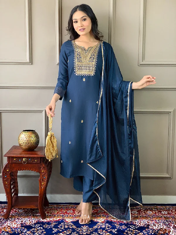 Women V Neck Embroidered Work Rayon Slub Fabric Kurta & Pant With Dupatta Set - Taantav Warm Wool Trousers
