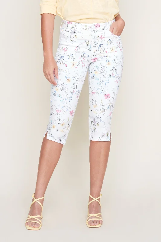 Renuar Tencel Floral Capri Pant R8107-E2008SP-CRECOM Creme Combo Trendy High-Waist Trousers