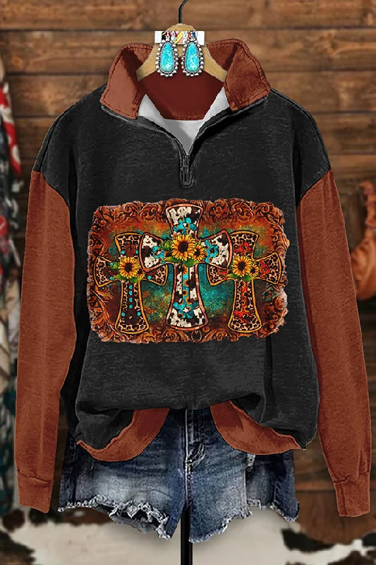 Retro Western Cross Print Zip-Up Sweatshirt Hoodie with Typography Text Message