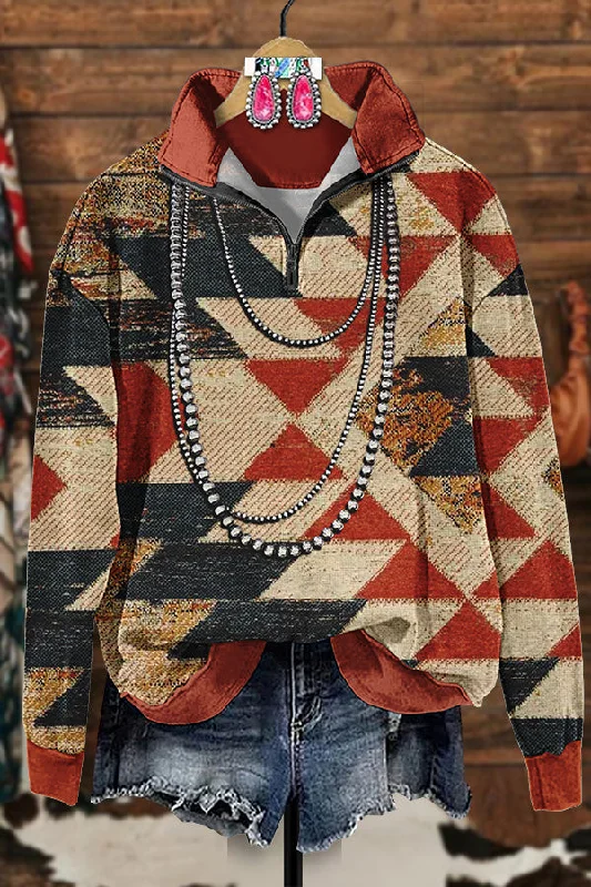 Retro Casual Aztec Zipper Sweatshirt Hoodie with Typography Text Message