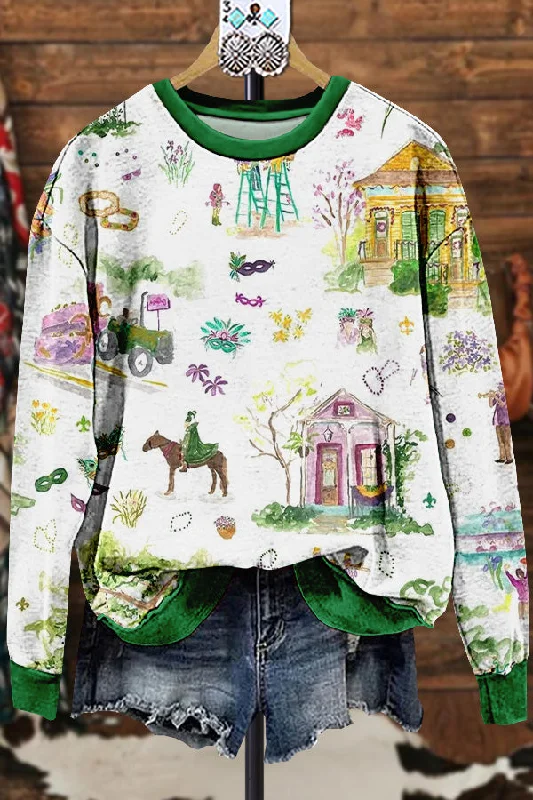 Classic Contrast Mardi Gras Sweatshirt Hoodie with Ribbed Hem Stretchable Secure