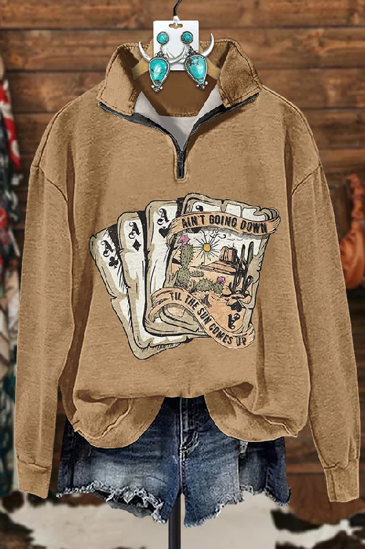 Western Print Playing Card Zipper Sweatshirt Hoodie with Elastic Cuffs Stretchable Comfortable