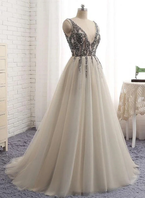 Grey Beaded Tulle V-neckline Prom Dresses, Grey Formal Gowns, Party Dresses Glittery Long Formal