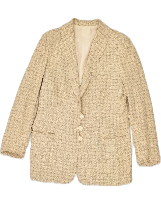VINTAGE Womens 3 Button Blazer Jacket UK 14 Medium Beige Check Polyester Striped Jacket Polka Dot Jacket Floral Jacket