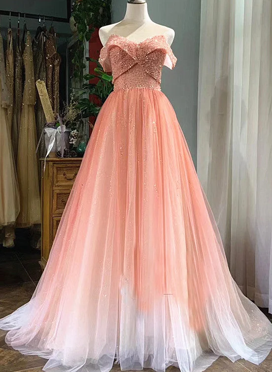 Beautiful Pink Tulle Gradient Beaded Off Shoulder Party Dress, Pink Prom Gown Tunics Recommended stylist