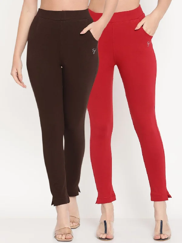 TAG 7 Women Pack of 2 Maroon & Brown Solid Kurti Pants Comfortable Jogger Trousers