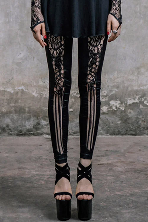 Black Front Splice Mesh Lace Up Gothic Knit Womens Pants Stylish Casual Pants