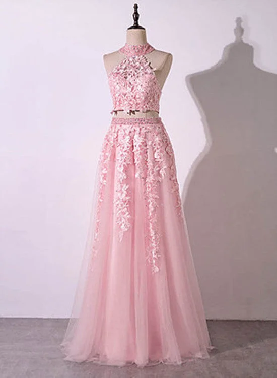 Pink Fashionable Two Piece Party Dress, Pink Formal Gowns, Prom Dress Chiffon Maxi Beach