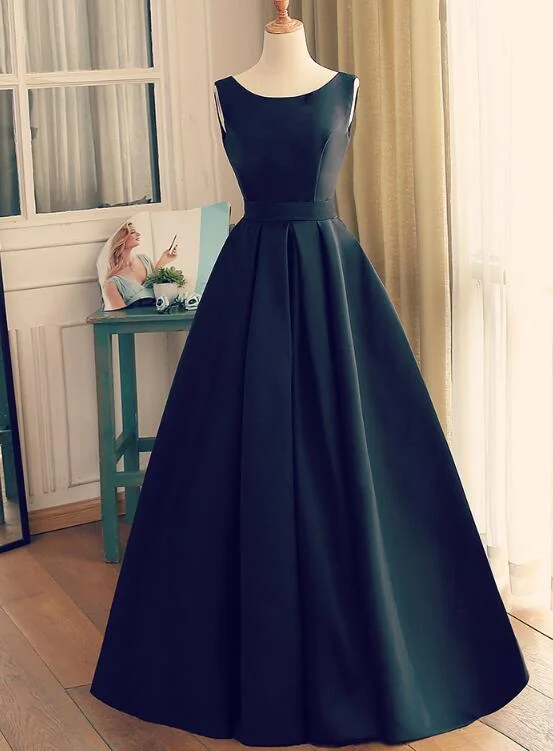 Black Round Neckline Satin Long Party Dress, A-line Floor Length Evening Dress Prom Dress Tunics Sale discount