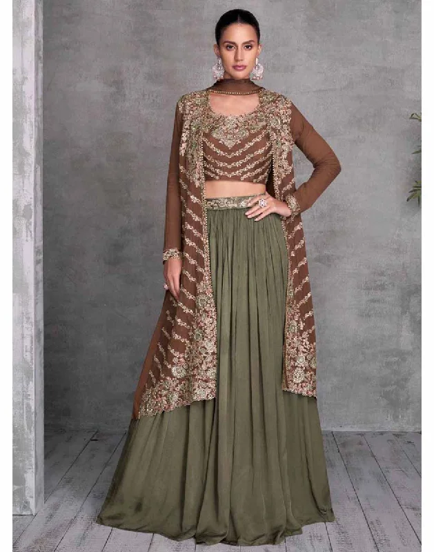 Dark Brown Embroidered Top Skirt Set wrap skirt elegant