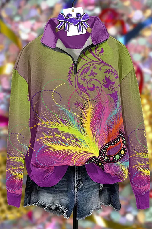 Vintage Mardi Gras Print Zip-Up Sweatshirt Hoodie with Tie-Dye Psychedelic Retro