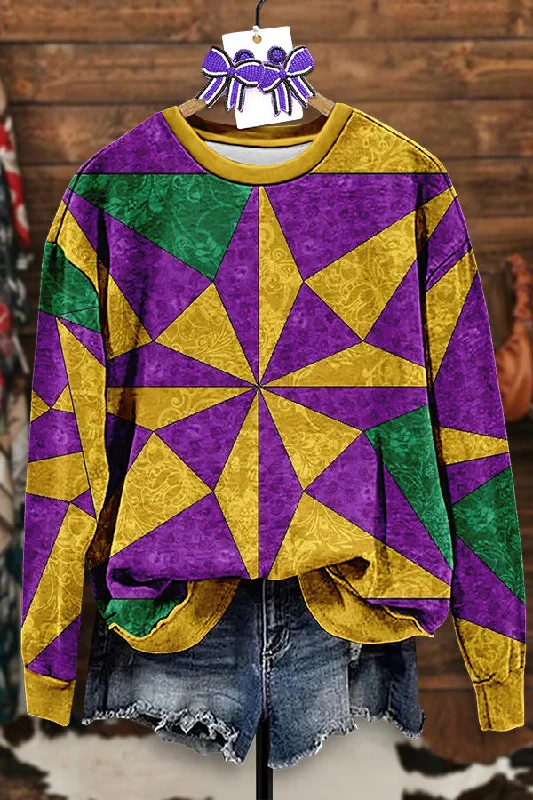 Vintage Mardi Gras Print Sweatshirt Hoodie with Tied Waist Feminine Flattering