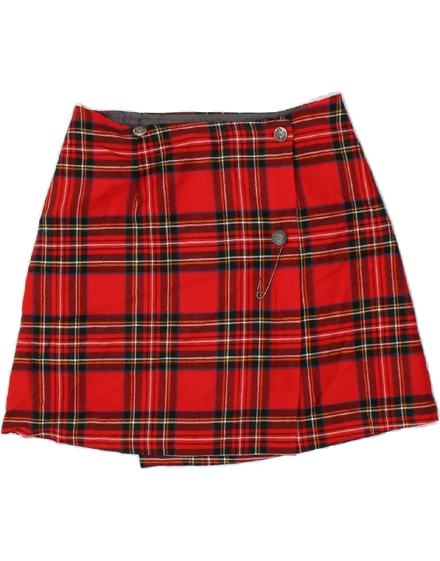 VINTAGE Womens Wrap Skirt UK 14 Medium W28 Red Check Wool denim skirt trendy