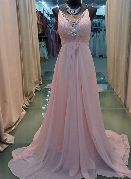 Lovely Chiffon Pink Prom Dresses, Straps Pink Party Dresses, Pink Formal Dresses Tunics Velvet soft