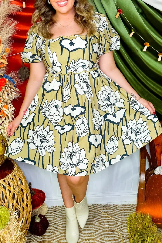 Green Plus Size Floral Print Shirred Square Neck Puff Sleeve Dress Tunics Cozy comfortable