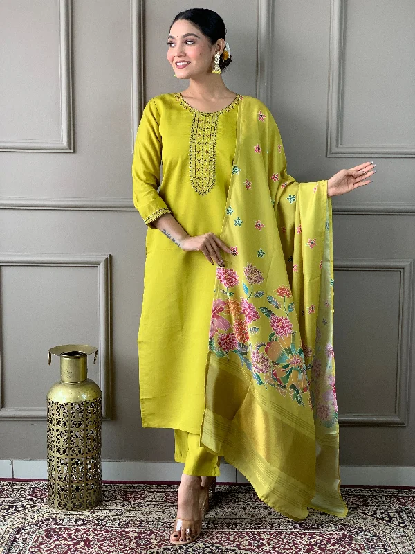 Women Round Neck Embroidered Work Chanderi Cotton Fabric Kurta & Pant With Dupatta Set - Taantav Comfortable Denim Pants