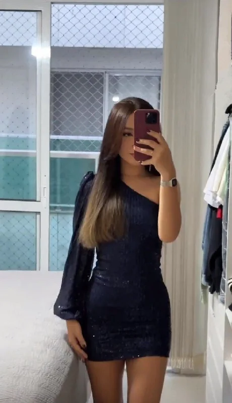 Navy One Shoulder Sequins Sheath Short Party Dress Homecoming Dress, DP4148 Tunics Bestseller popular