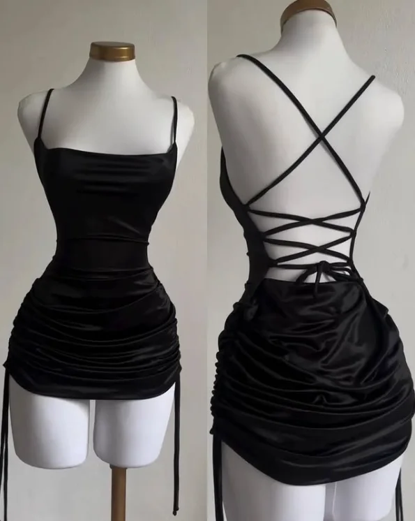 Black Straps Sheath Satin Homecoming Dress Short Party Dress, DP4215 Tunics Exclusive limited