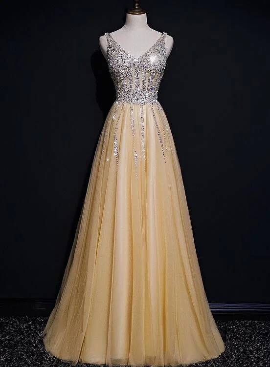 Light Champagne Sequins Shiny Tulle Long Prom Dress, Elegant Party Dress Tunics Exclusive limited