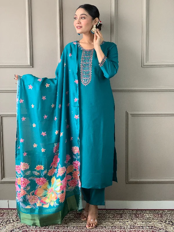 Women Round Neck Embroidered Work Chanderi Cotton Fabric Kurta & Pant With Dupatta Set - Taantav Cozy Full-Length Pants