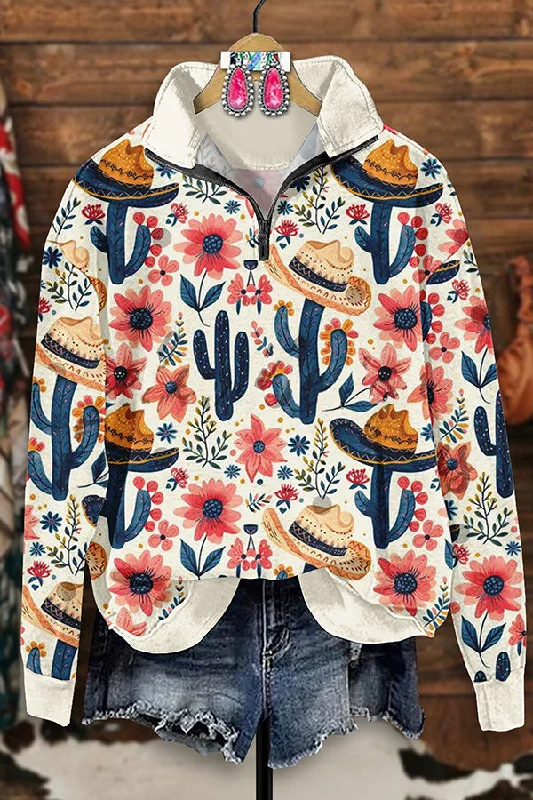Vintage Western Cactus Print Zip-Up Sweatshirt Hoodie with Frayed Bohemian Relaxed