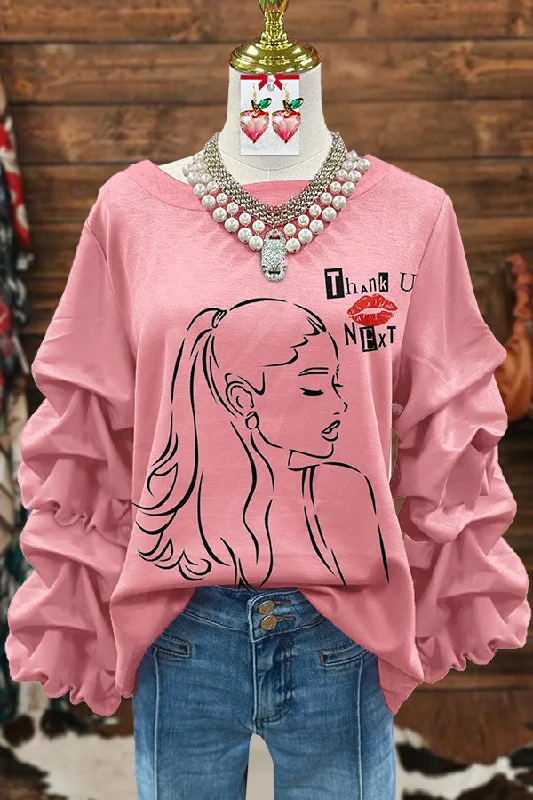 Pink Print Pleated Sweatshirt Hoodie with Relaxed Fit Easy Casual