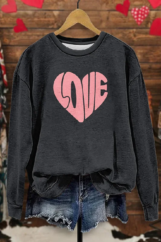 Retro Love Heart Sweatshirt Hoodie with Hem Fringe Bohemian Relaxed