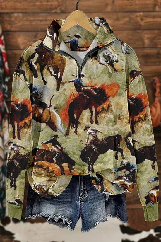 Retro Western Cowboy Horse Racing Rodeo Print Sweatshirt Hoodie with Longline Fit Extended Stylish