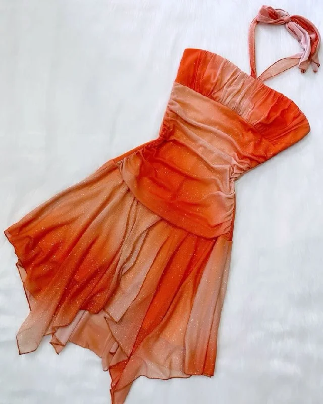 Orange Sunset Gradient Halter Ruffles Vintage Short Party Dress, DP3659 sweetheart Neckline Romantic