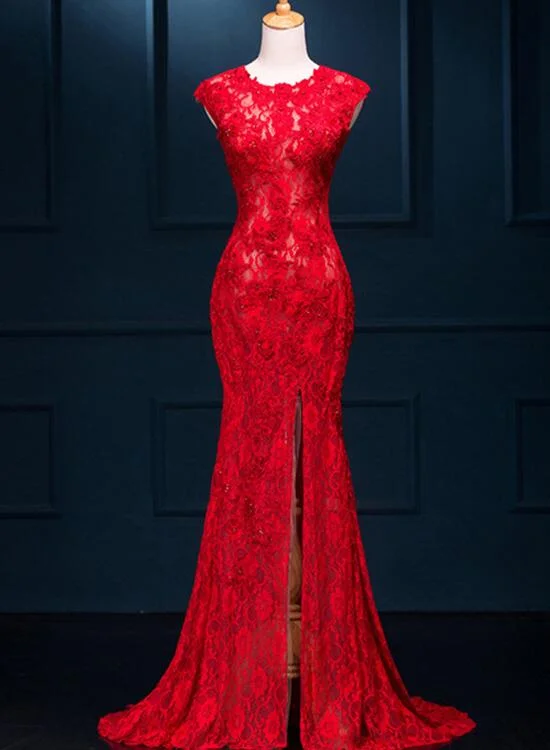 Beautiful Red Lace Mermaid Slit Evening Gowns, Red Formal Gowns, Red Party Dress Tunics Print Colorful