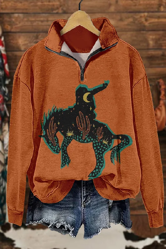 Retro Western Cowboy Print Sweatshirt Hoodie with Hem Frayed Vintage Worn