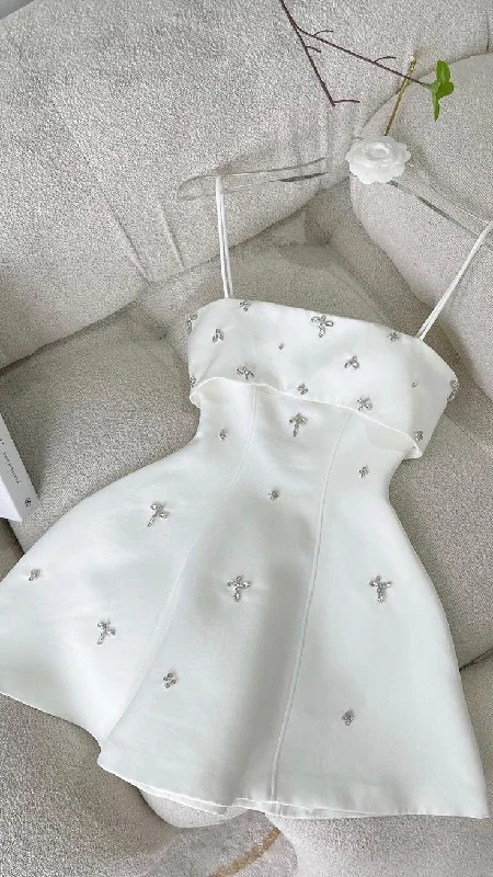 White Straps A-Line Beading Mini Party Dress Homecoming Dress, DP3039 Tunics Corduroy durable