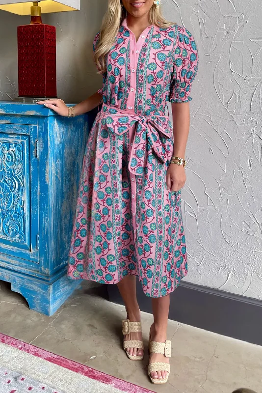Blue Zone Planet |  Pink Boho Floral Shirred Short Sleeve Belted Dress Tunics Seasonal trendy