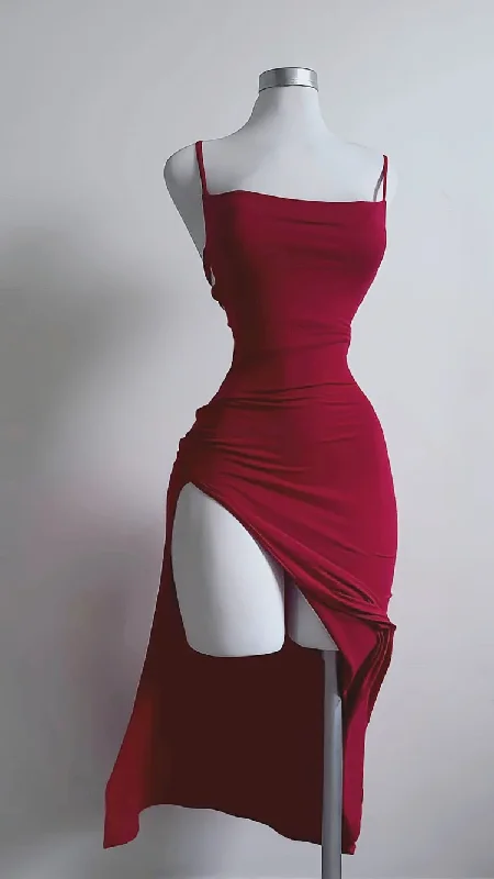 Charming Red Slit Cocktail Dress Midi Evening Party Dress, DP3398 Tunics Denim casual