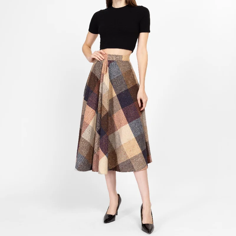 Medium 70s Earth Tone Flecked Plaid Schoolgirl Midi Skirt 27.5"" pleated skirt texture