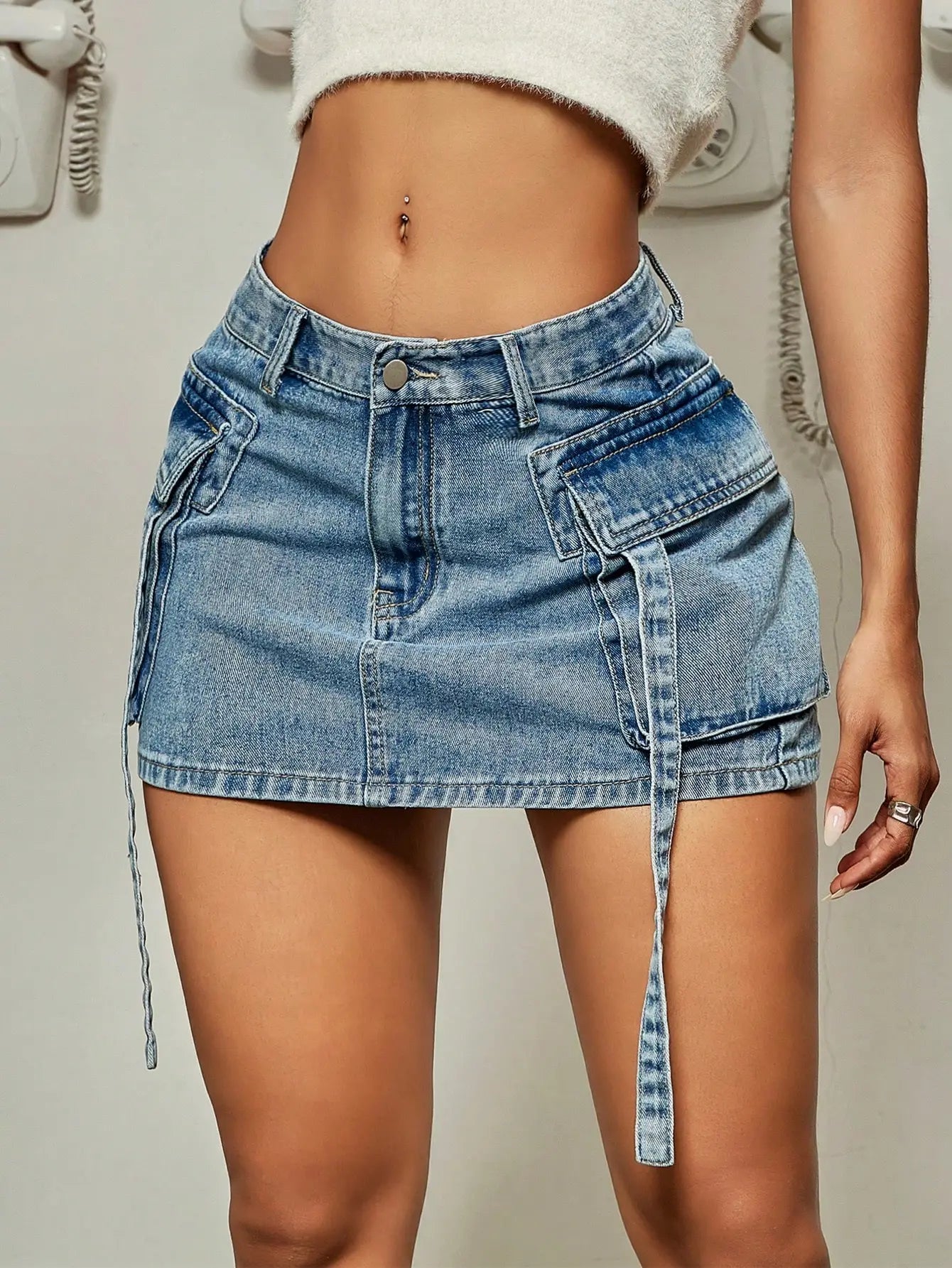 Flap Pocket Ribbon Slim Workwear Denim Mini Skirt lace skirt feminine