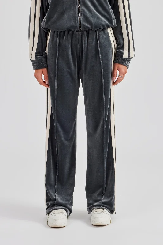 Taping Wide Leg Velour Track Pant - Grey Cozy Knit Pants