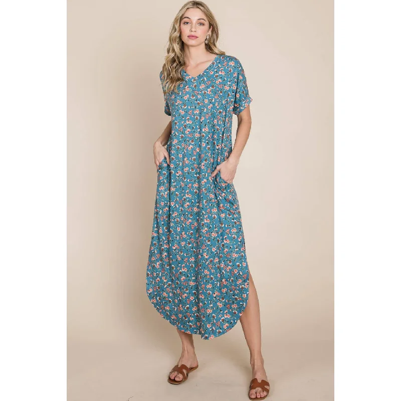 Blue Floral Midi Length Dress Tunics Chinos classic