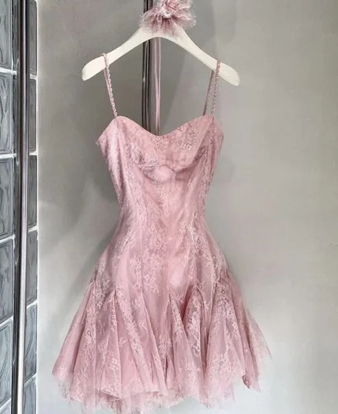 Pink Straps A-Line Lace Short Party Dress Homecoming Dress, DP3192 Tunics Luxurious high-end