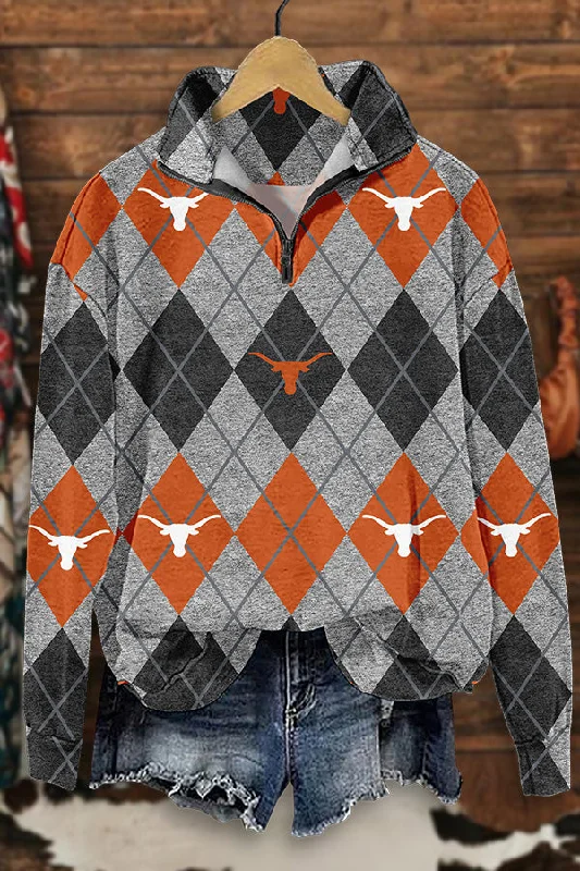 Texas Longhorns Diamond Pattern Zip-Up Sweatshirt Hoodie with Embroidery Detailed Premium