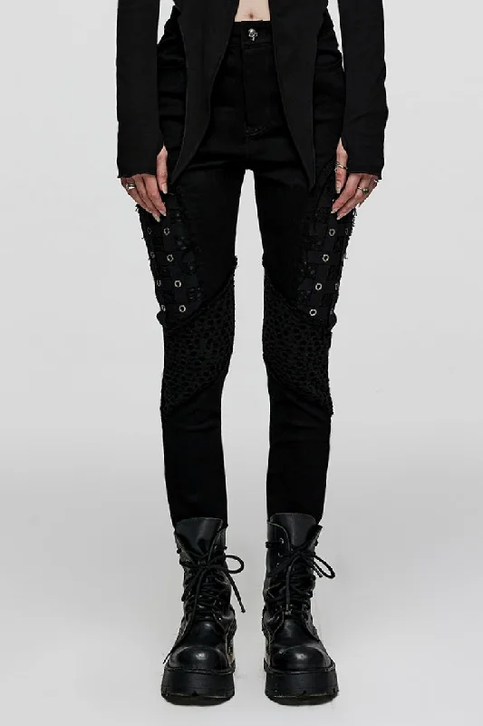 Black Stitching Slim Mesh Metal Eyelet Decoration Women's Steampunk Pants Slim-Fit Khaki Pants
