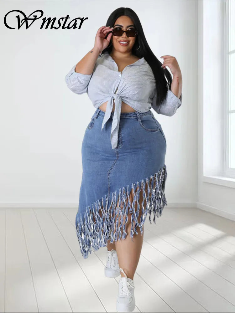 Wmstar Plus Size Only Skirts Women's Clothing Denim Maxi with Tassel Sexy Bodycon New In Outfits Wholesale Dropshipping 2023 cashmere skirt fine