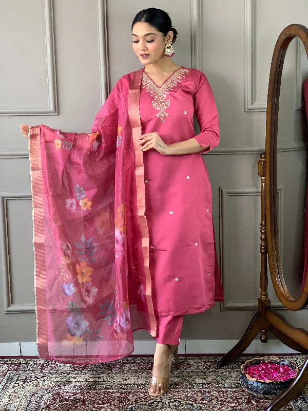 Women V Neck Embroidered Work Chanderi Viscose Fabric Kurta & Pant With Dupatta Set - Taantav Stylish Elastic Waist Pants