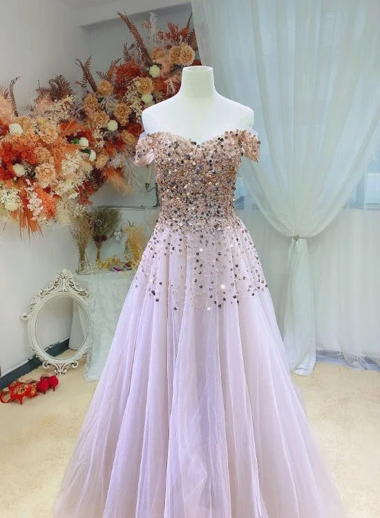 Pink Shiny Sequins Off Shoulder Tulle Ball Gown Prom Dress, Pink Long Party Dress Tunics Handmade artisanal