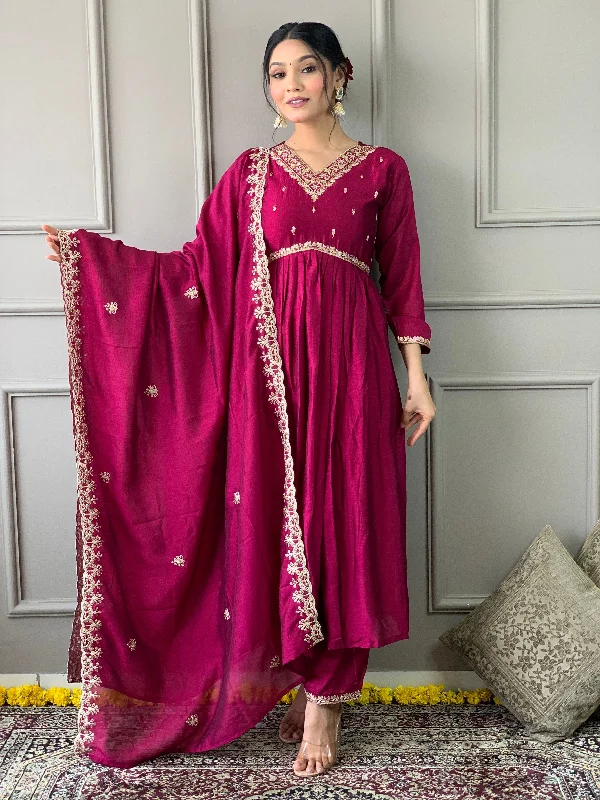 Women V Neck Embroidered Work Vichitra Silk Fabric Kurta & Pant With Dupatta Set - Taantav Elegant Silk Pants