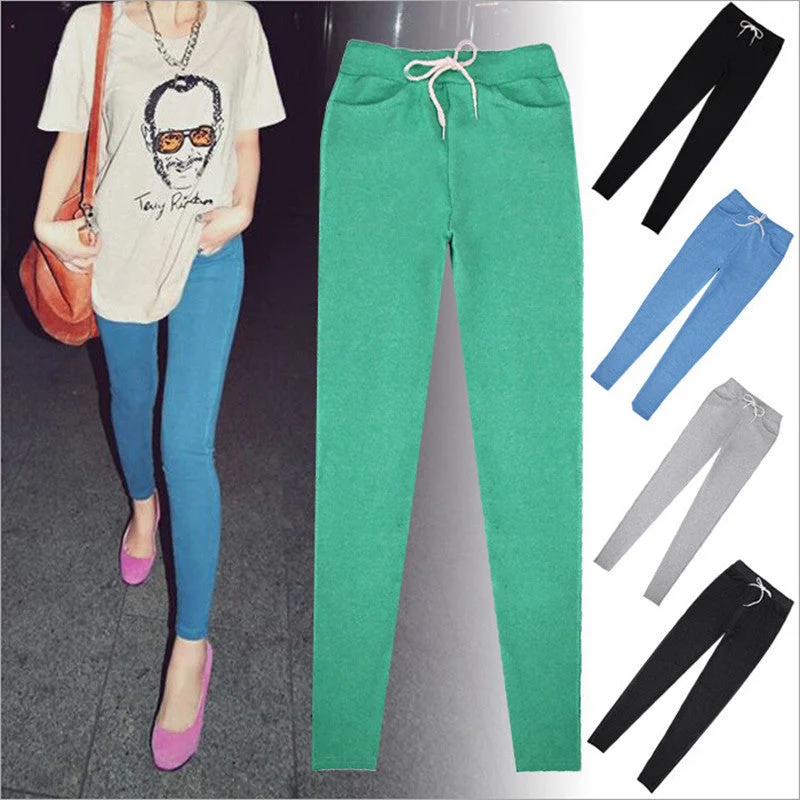 S-XL 4 Colors Women's Fashion Lace Pants All Match Loose Candy Color Pocket Long Cotton Slim Workout Pants Women Formal Wide-Leg Pants